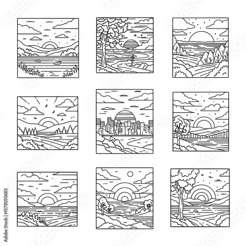 Set of nine landscape scenes with sunset and sunrise themes