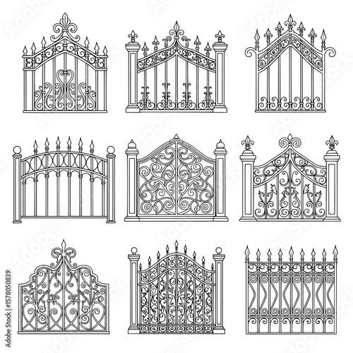 Set of decorative wrought iron gate designs for fences