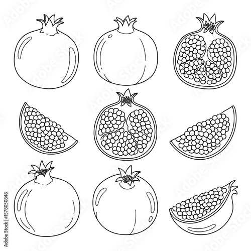 Pomegranate set with whole and sliced fruits on black background