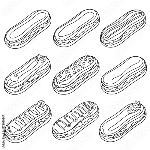 Set of dessert eclairs with various toppings and fillings