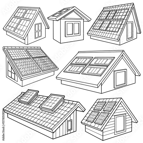 Collection of house rooftops with solar panels and windows