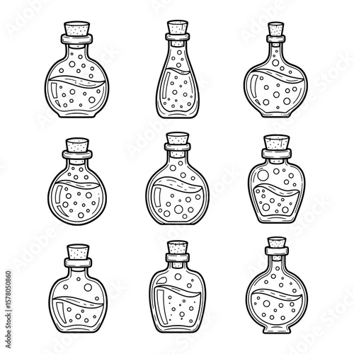 Set of potion bottles with liquids and bubbles for fantasy theme