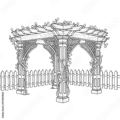 Ornate garden gazebo with vines and wooden fence