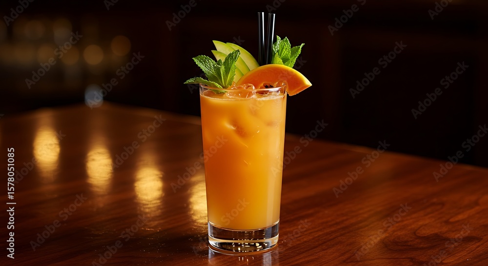 Fototapeta premium A colorful cocktail with orange slice, mint, and green apple, perfectly mixed.