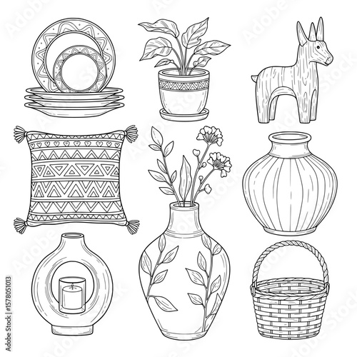 Set of decorative floral and household objects with detailed line art