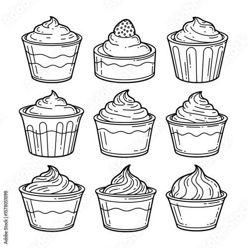 Set of dessert cups with whipped cream and toppings arranged in a grid