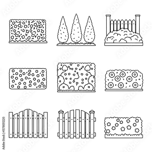 Set of garden hedge and fence outline icons for landscape design