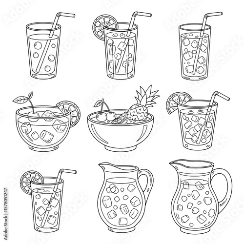 Set of nine glasses and bowls with beverages and fruit slices