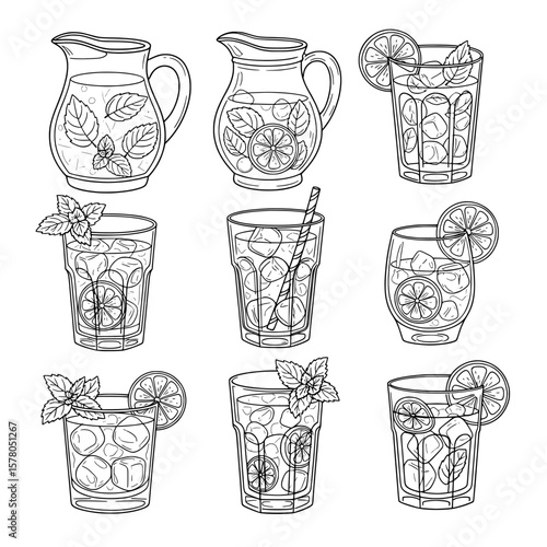 Set of lemon and mint drinks with ice and garnishes