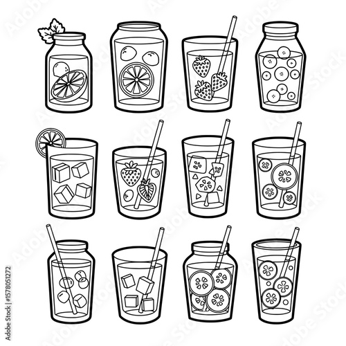 Set of fruit drinks with ice and garnishes in glasses and jars