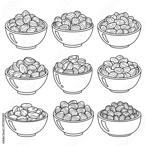 Set of nine bowls filled with nuts in various arrangements