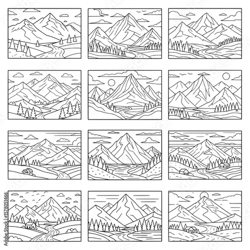 mountain landscape patterns with trees and clouds for outdoor scenes