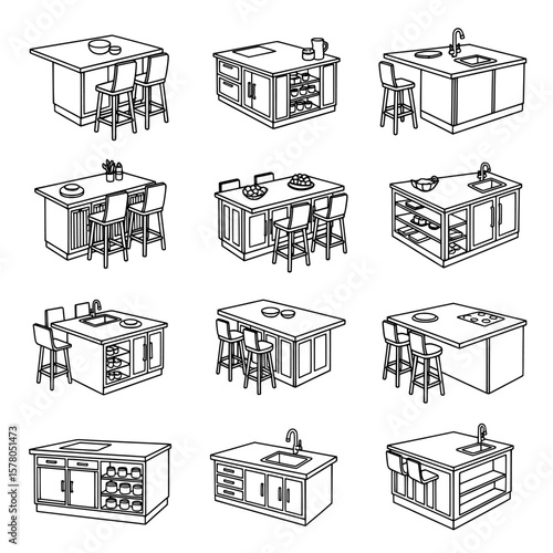 Set of kitchen furniture and cabinet scenes with chairs and countertops