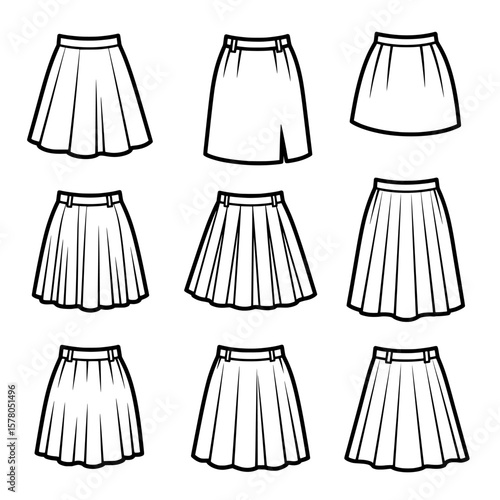 Set of nine different skirt styles in outline form for fashion design