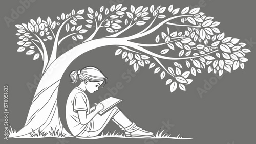 Girl Reading Under Tree – Peaceful Summer Silhouette for Print, Cut, or Decor