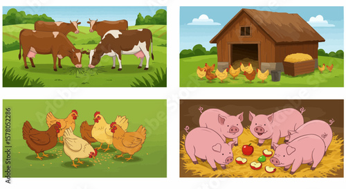 Farm Animals and Barnyard Vector – Countryside Life with Cow, Chicken, Pig and Barn