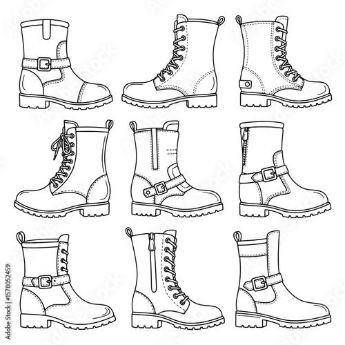 Set of rugged work boots with laces and buckles in a line style