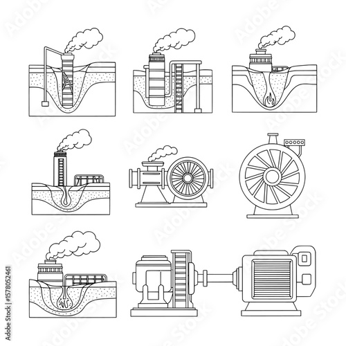 Sequence of oil extraction and refining equipment diagrams