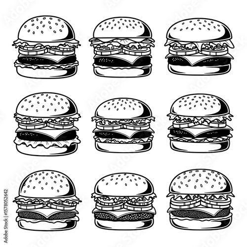 Set of nine line art hamburger sketches for food and cuisine themes