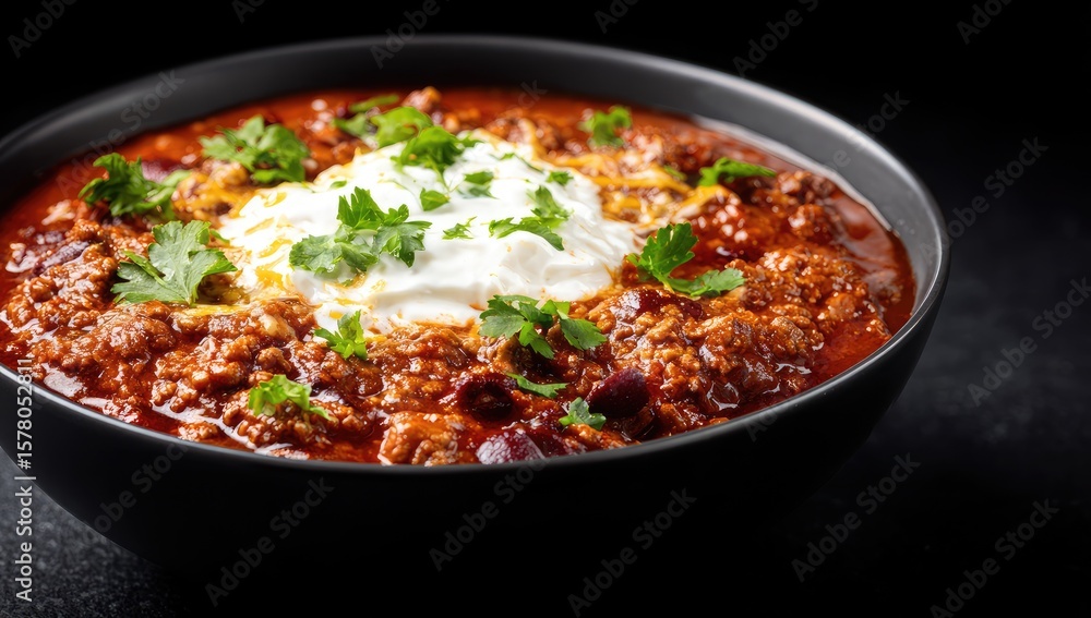 Hearty chili in a dark bowl Hearty chili in a dark bowl