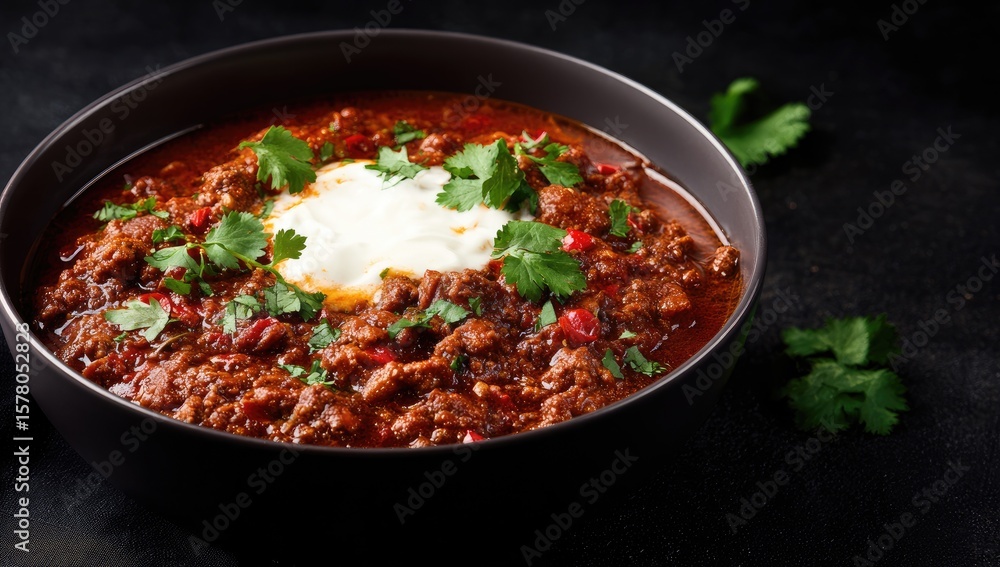 Hearty chili in dark bowl, topped with sour cream and cilantro Hearty chili in dark bowl, topped with sour cream and cilantro