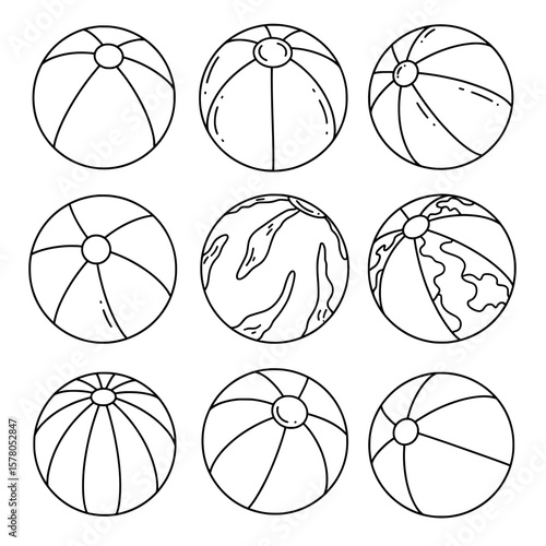 Set of nine beach balls with different patterns and colors for summer celebrations