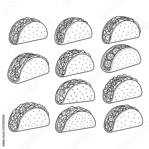Different taco shell styles with fillings for food presentation