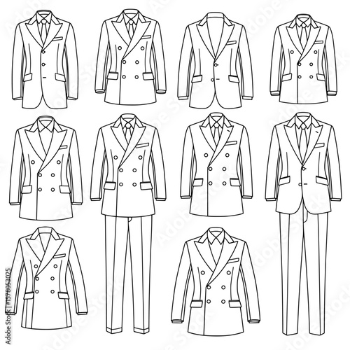 Set of men's formal suit jackets with different styles and cuts