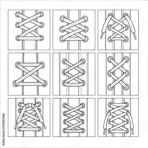 Nine different lace-up shoelace styles on black background