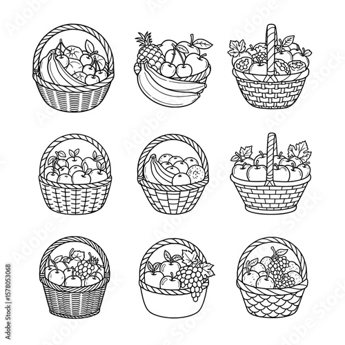 Set of nine fruit baskets with different arrangements and contents