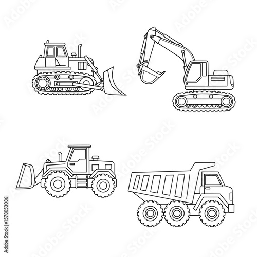Set of construction vehicles including bulldozer excavator front loader dump truck
