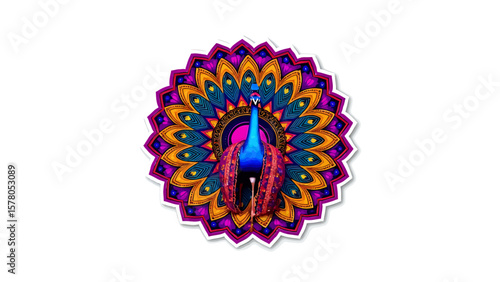 An elegant peacock displays vibrant plumage against an intricate mandala pattern, a harmonious blend of nature and ornate design perfect for creative projects.