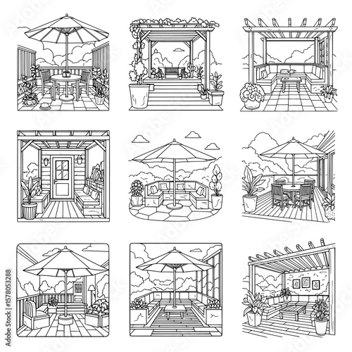 Set of outdoor gazebo and patio seating designs