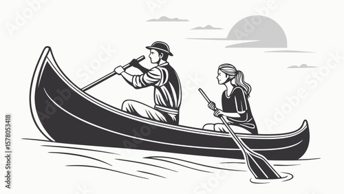 Couple in Canoe – Romantic Summer Adventure Silhouette for Vector Print & Cut Use