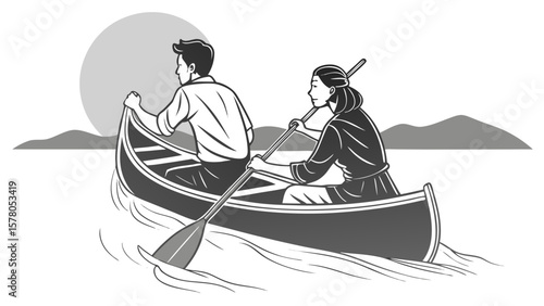Couple in Canoe – Romantic Summer Adventure Silhouette for Vector Print & Cut Use