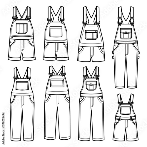 Set of denim overalls in various styles with pocket details