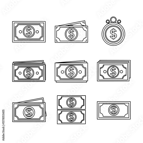 Set of monetary icons including bills and coins in outline style