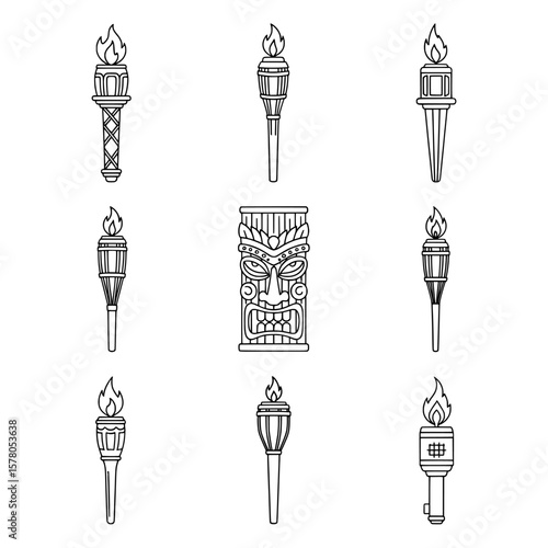 collection of tiki torches and a mask in a pattern layout