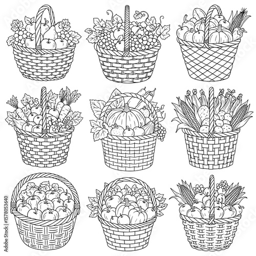 Assorted baskets of fruits and vegetables with harvest theme