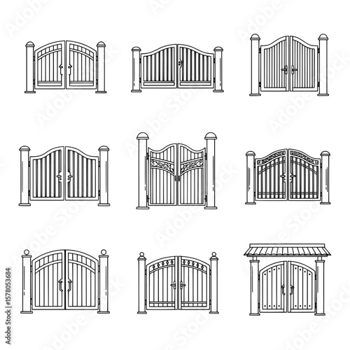 Set of nine decorative wrought iron gates with different styles