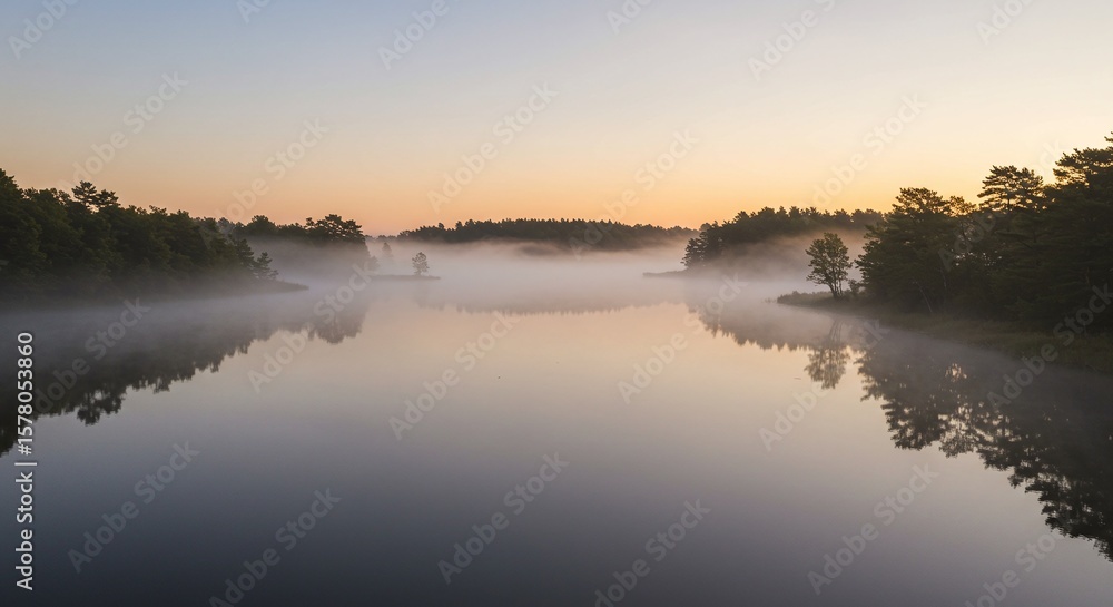 Fototapeta premium Serene Misty River Scene During Sunrise with Calm Water and Forested Banks