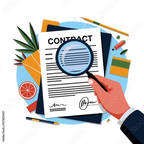 A hand meticulously examines a legal contract with a magnifying glass, surrounded by office supplies.