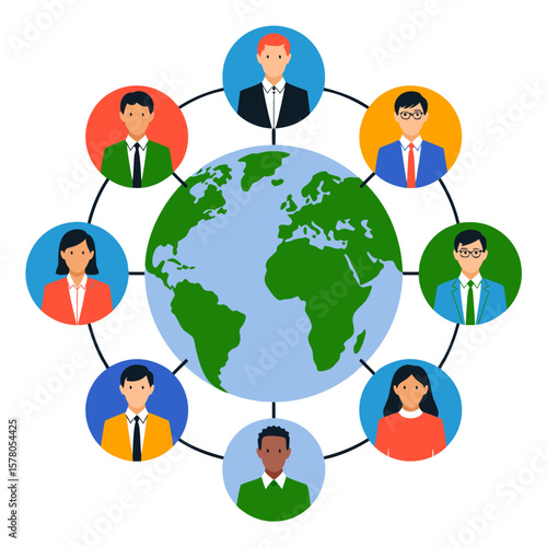 Diverse group of people connected around the globe, representing global teamwork and collaboration.