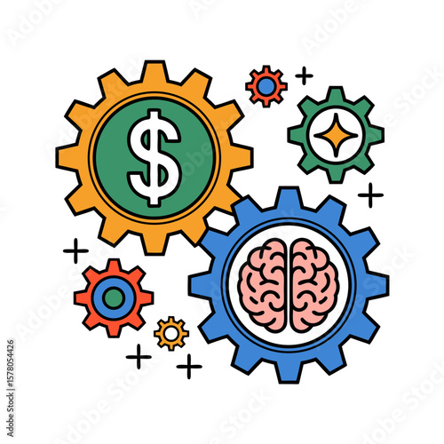 Conceptual illustration of gears representing finance, ideas, and innovation, with a dollar sign and brain.
