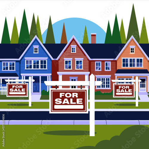 Colorful houses lined up on a street, for sale signs displayed, suburban neighborhood.