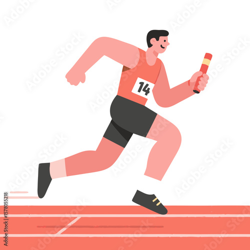A male athlete, number fourteen, smiles while running a relay race, confidently holding the baton.