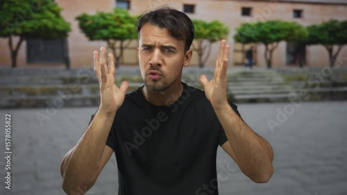 Young hispanic man gesturing passionately outdoors in front of blurred urban backdrop with trees and building creating an expressive yet frustrated look as he talks to the camera.