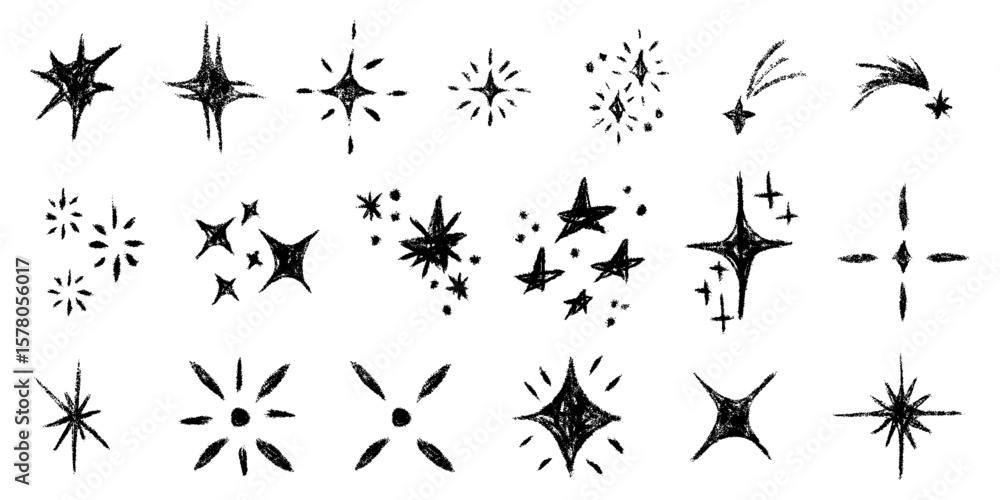 Naklejka premium Stars big set. Chalk textured kids freehand drawing shine twinkle. Crayon hand drawn child scribble spark. Pastel pencil childish decorative sparkling collection. Sketch vector illustration isolated