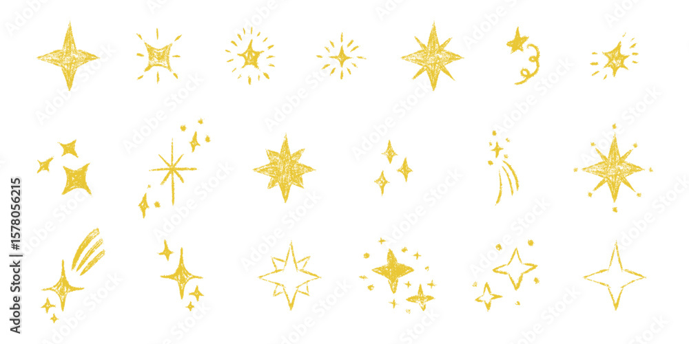 Stars big set. Chalk textured kids freehand drawing shine twinkle. Crayon hand drawn child scribble spark. Pastel pencil childish decorative sparkling collection. Sketch vector illustration isolated Stars big set. Chalk textured kids freehand drawing shine twinkle. Crayon hand drawn child scribble spark. Pastel pencil childish decorative sparkling collection. Sketch vector illustration isolated