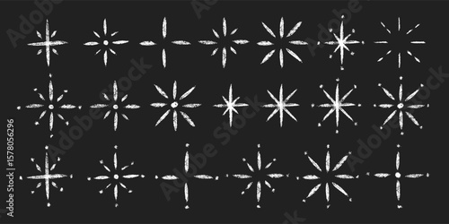 Stars big set. Chalk textured kids freehand drawing shine twinkle. Crayon hand drawn child scribble spark. Pastel pencil childish decorative sparkling collection. Sketch vector illustration isolated